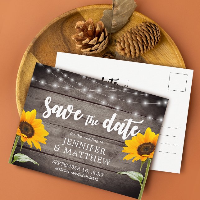 Country Sunflower Wood Light Wedding Save The Date Announcement Postcard (Country Sunflower Wood Light Wedding Save The Date Announcement Postcard)