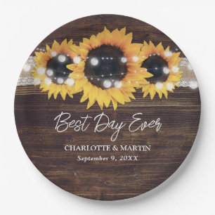 Country Sunflower Wood String Lights Wedding Paper Plate