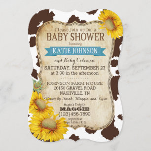 Country Sunflowers and Cow Print Baby Shower Invitation
