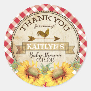 Country Sunflowers and Gingham Check Baby Shower Classic Round Sticker