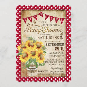 Country Sunflowers and Gingham Check Baby Shower Invitation