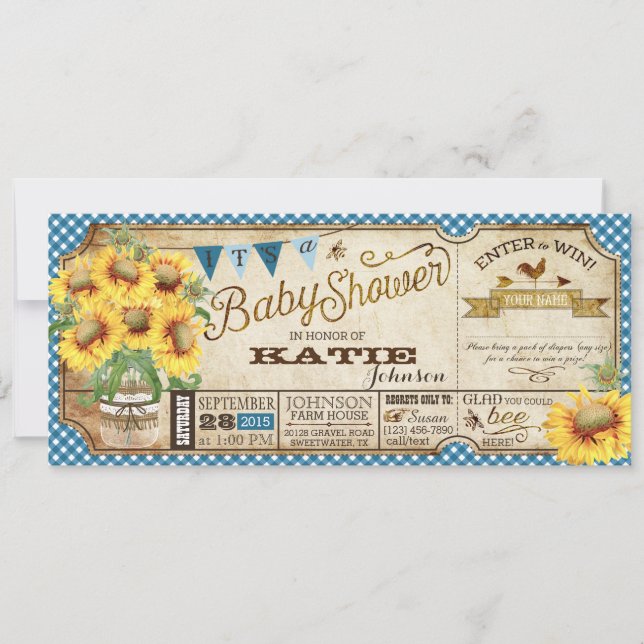 Country Sunflowers and Gingham Check Baby Shower Invitation (Front)
