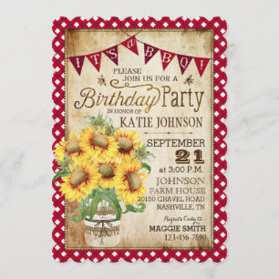 Country Sunflowers and Gingham Check Birthday Invitation