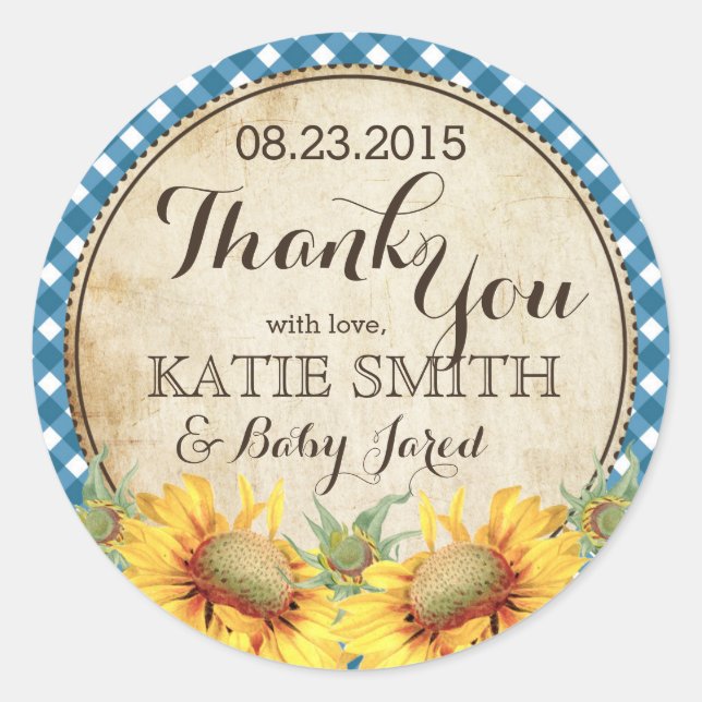 Country Sunflowers and Gingham Check Thank You Classic Round Sticker (Front)