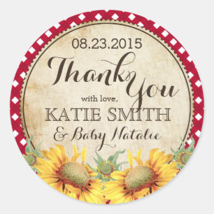 Country Sunflowers and Gingham Check Thank You Classic Round Sticker
