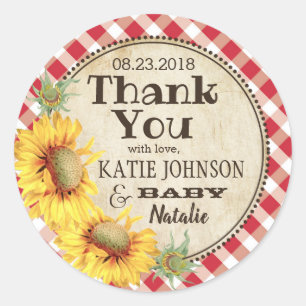 Country Sunflowers and Gingham Check Thank You Classic Round Sticker