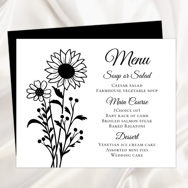 Country Sunflowers Black White Floral Wedding Menu (Creator Uploaded)