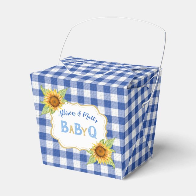 Country Sunflowers Blue Gingham Check BabyQ BBQ Favour Box (Front Side)