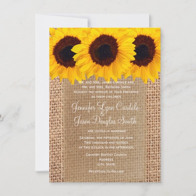 Country Sunflowers Burlap Print Wedding Invitation (Front)