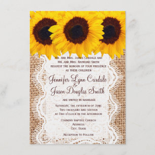 Country Sunflowers Burlap Print Wedding Invitation