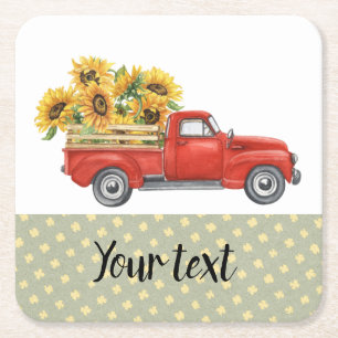 Country Sunflowers Customisable/Vintage Red Truck Square Paper Coaster