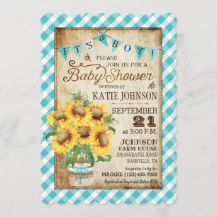 Country Sunflowers Gingham Check Boy Baby Shower Invitation