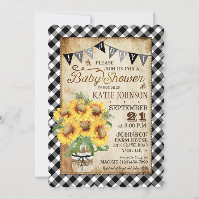 Country Sunflowers Gingham Check Boy Baby Shower Invitation (Front)