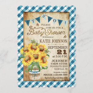 Country Sunflowers Gingham Check Boy Baby Shower Invitation