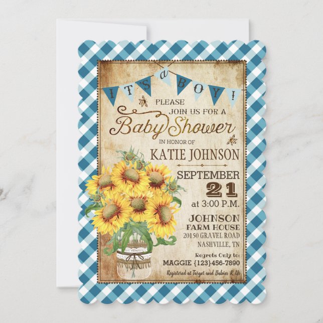 Country Sunflowers Gingham Check Boy Baby Shower Invitation (Front)