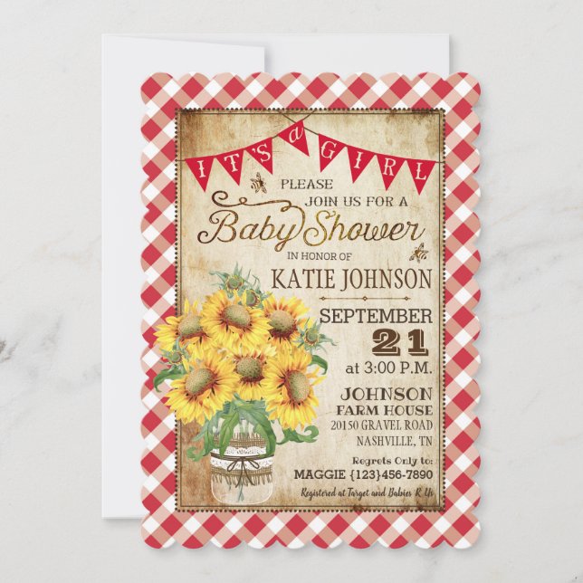 Country Sunflowers Gingham Check Girl Baby Shower Invitation (Front)