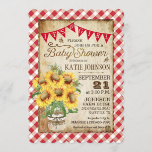 Country Sunflowers Gingham Check Girl Baby Shower Invitation
