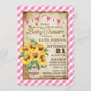 Country Sunflowers Gingham Check Girl Baby Shower Invitation