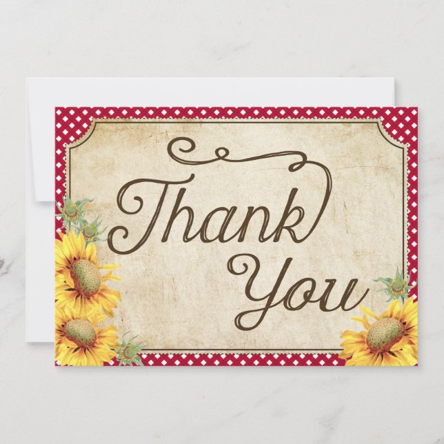 Country Sunflowers Gingham Check Rustic Thank You Card (Front)