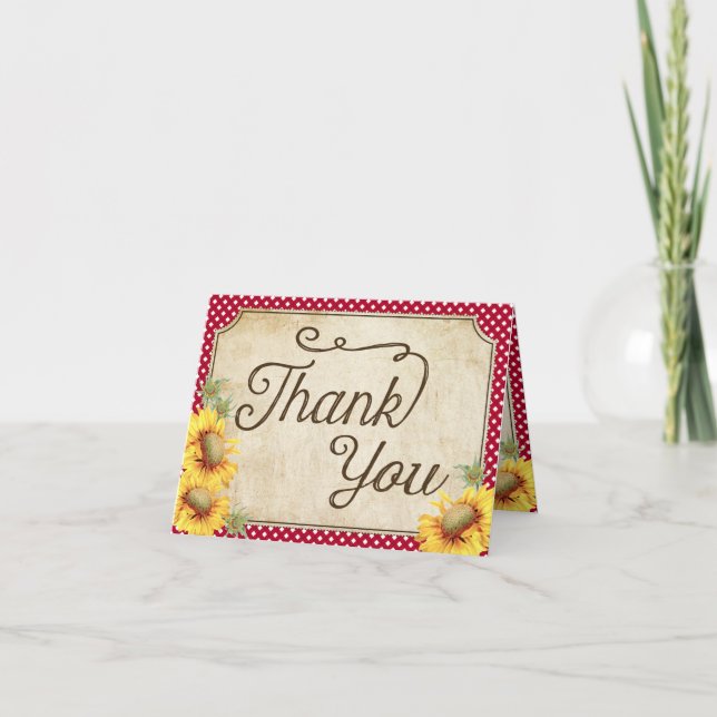 Country Sunflowers Gingham Check Rustic Thank You Card (Front)
