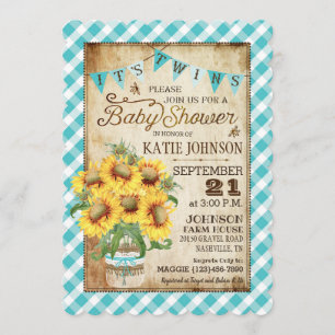 Country Sunflowers Gingham Check Twins Baby Shower Invitation