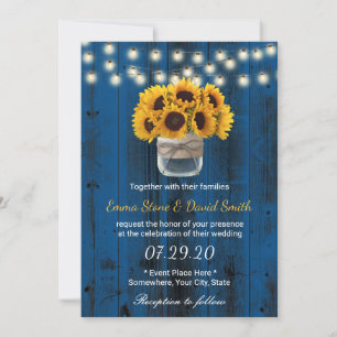 Country Sunflowers Jar Navy Blue Barn Wedding Invitation