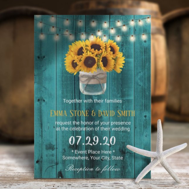 Country Sunflowers Jar Rustic Teal Barn Wedding Invitation (Creator Uploaded)