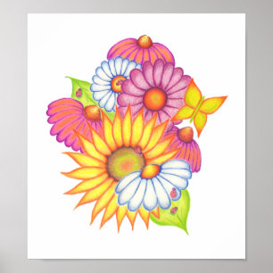 Country Sunflowers Ladybugs Art Poster Print