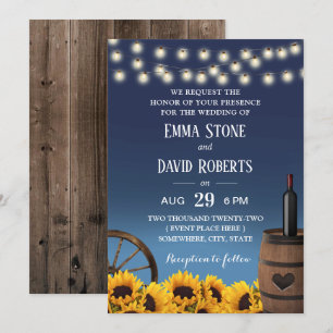 Country Sunflowers Navy Blue Rustic Wedding Invitation