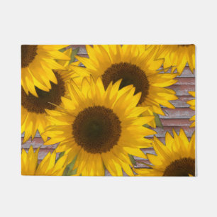 Country Sunflowers on Red Barn Wood Door Mat