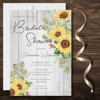 Country Sunflowers on Wood Bridal Shower Invitation
