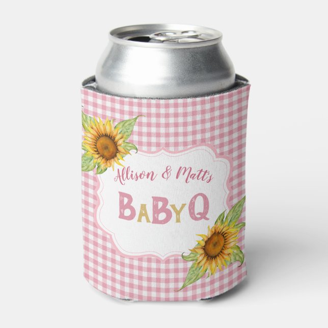 Country Sunflowers Pink Check BBQ Baby Q Can Cooler (Can Front)