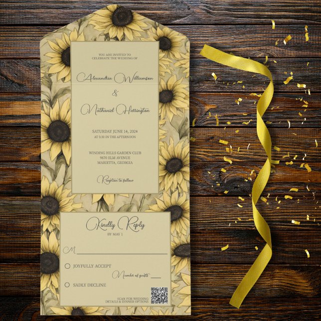 Country Sunflowers QR Code All In One Invitation (Also available without QR code. )