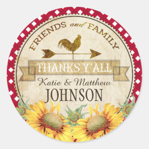 Country Sunflowers Red Gingham Check Thank You Classic Round Sticker