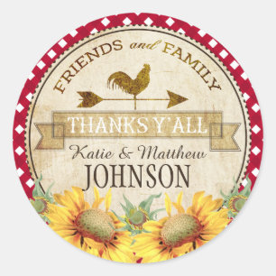 Country Sunflowers Red Gingham Check Thank You Classic Round Sticker