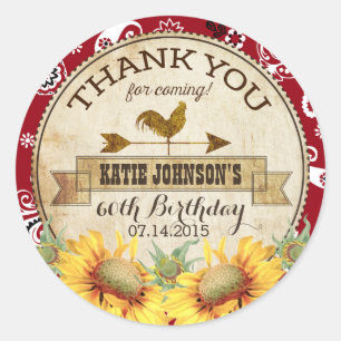 Country Sunflowers Rooster Bandanna Thank You Classic Round Sticker