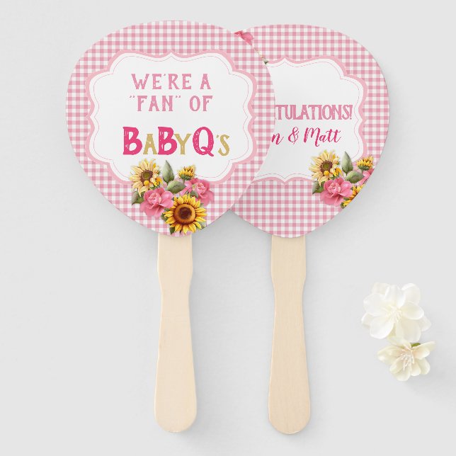 Country Sunflowers Roses Pink Gingham Check BabyQ Hand Fan (Front and Back)