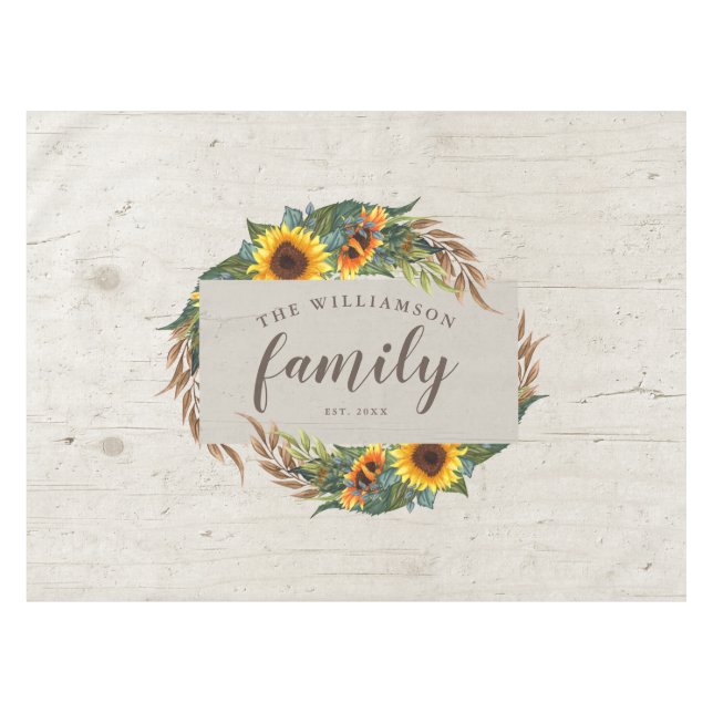Country Sunflowers Rustic Wood Family Name Tablecloth (Front (Horizontal))