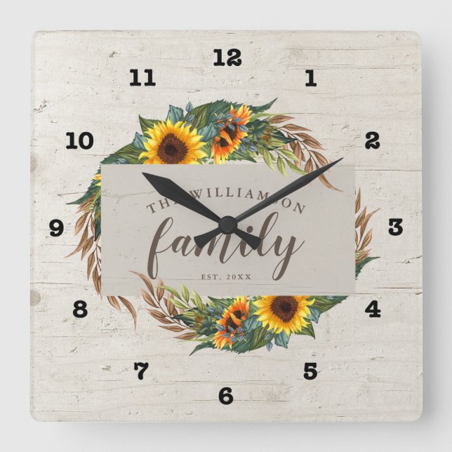 Country Sunflowers Rustic Wood Family Square Wall Clock (Front)