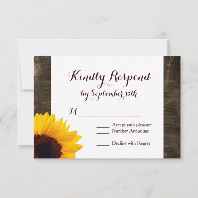 Country Sunflowers Rustic Wood Wedding RSVP Cards (Front)