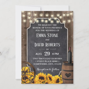Country Sunflowers Rustic Wood Wine Barrel Wedding Invitation