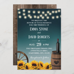 Country Sunflowers Teal Ombre Rustic Wedding Invitation
