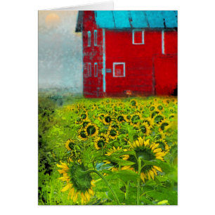 Country sunrise, Barn card, Sunflowers, farm