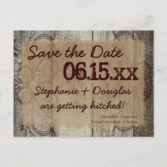 Country Swirl Wood Rustic Save the Date Postcards (Front)