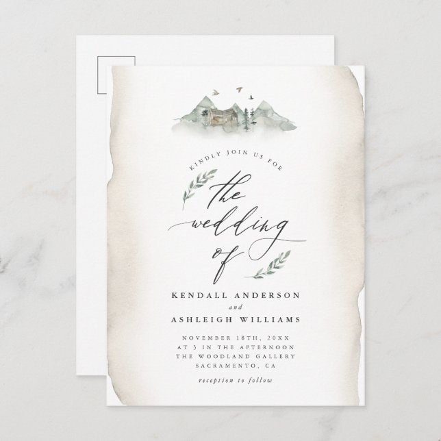 Country Tan Watercolor Leaves & Mountain Wedding Invitation Postcard (Front/Back)