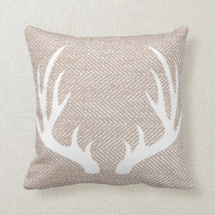 Country Taupe Herringbone White Deer Antlers Cushion