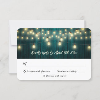 Country Teal Barn Wood String Lights Wedding RSVP Card