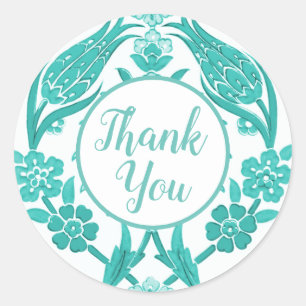Country Teal Floral Thank You Classic Round Sticker