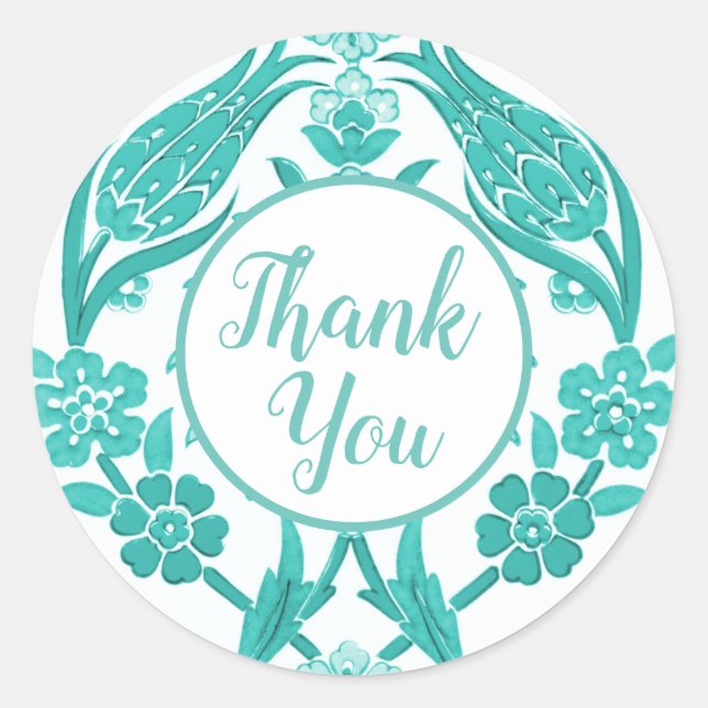 Country Teal Floral Thank You Classic Round Sticker (Front)