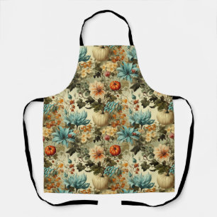 Country Teal Pumpkin Floral Vintage Apron